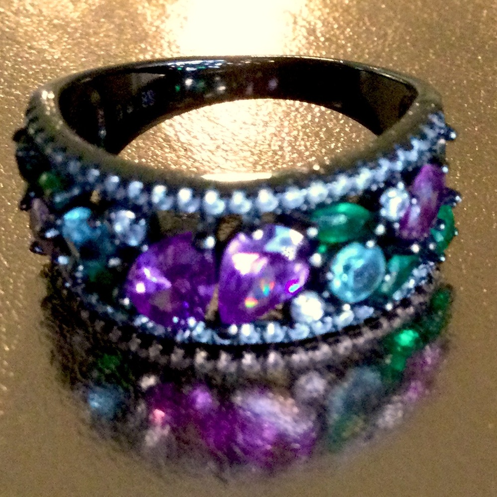 925 Stamped Silver Black Ring with Assorted Color Stones SZ 7 1/2